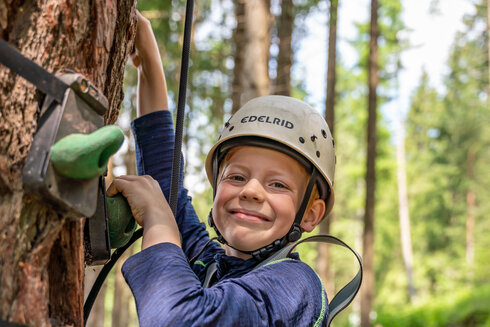 Ein Bub klettern an künstlichen Griffen einen Baum hinauf